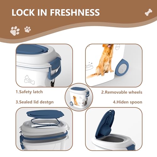 Pet Food Storage Container with Wheels Resin Capacity Dog Food Container with Slow Feeder Bowl and Scoop Easy to Move to Keep Food Fresh for Dogs, Cats, Birds（Blue&white,Quantity 1） - color: Blue&white