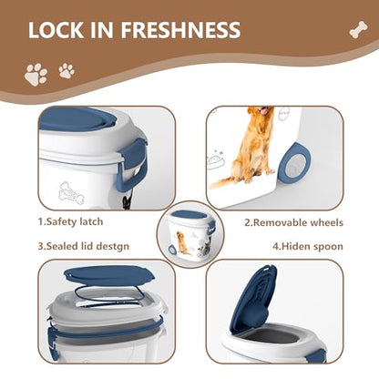 Pet Food Storage Container with Wheels Resin Capacity Dog Food Container with Slow Feeder Bowl and Scoop Easy to Move to Keep Food Fresh for Dogs, Cats, Birds（Blue&white,Quantity 1） - color: Blue&white