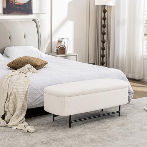 Boucle Storage Bench for Bedroom, Upholstered Storage Ottoman Bench with Metal Stand, Modern Bench for Bedroom, Teddy End of Bed Bench for Living Room/Entryway/Bed Side,43",Beige - color: Beige, size: 16.5"D x 43.3"W x 16.9"H