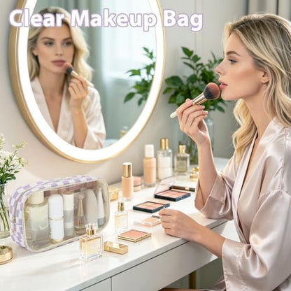 Fammart Clear Travel Makeup Bag for Women, TSA Approved Checkered Cosmetic Bag Make Up Car Organizer Case with Zipper, Large Waterproof Pouch Purse Toiletry Bag for Skincare, Brushes Travel Essentials - color: Clear, 2PCS - Purple Checkered