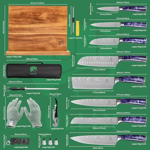 FULLHI Knife Set with Magnetic Knife Block Holder,15pcs Japanese Knives Set, German Stainless Steel chef Knife Set - color: Purple, size: 15 Piece Magnetic Block Knife Set