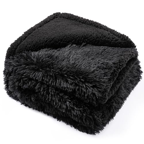 Black Waterproof Calming Pet Blankets for Dogs Reversible Long Faux Fur Fluffy Blanket for Doggie Cats Sherpa Fleece Warm Couch Sofa Beds Covers (Black,L-65x57in) - color: Black, size: L-65x57in