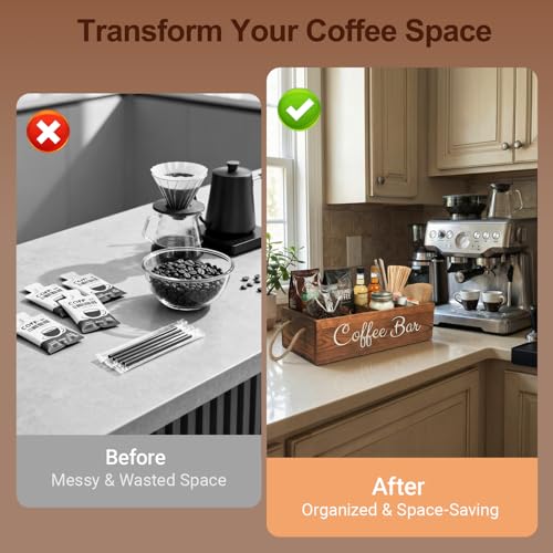 QUALLON Coffee Station Organizer with Small Removable Dividers, Wooden Coffee Bar Accessories Storage For Countertop, Farmhouse Kcup Coffee Pod Holder Basket With Handle For Coffee Lover