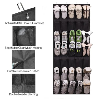 Over The Door Shoe Organizer, 35 Mesh Pockets Shoe Rack for Closet, Entryway, Bathroom, Heavy-Duty Hanging Storage for Sneakers, Heels, Flip Flops & More (Black)