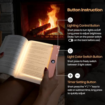 Book Light, Rechargeable Clear LED Flat Reading Light for Reading in Bed at Night with 3 Colors & Timer, Dimmable Full Page Panel Plate Lamp, Bookish Gifts for Readers Kids Women Men (Pink) - color: Pink