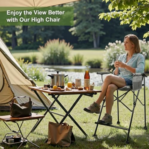 LANMONTAIN 2 Pack Tall Folding Camping Chairs,30.7'' Seat Height Portable Hard Arm Bar Chairs w/Cup Holder,Side Mesh Pocket and Footrest,Heavy Duty Support 350 Lbs Comfy Director Chairs,Black&Grey - color: Black&grey 2 Pack