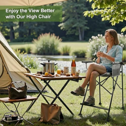 LANMONTAIN 2 Pack Tall Folding Camping Chairs,30.7'' Seat Height Portable Hard Arm Bar Chairs w/Cup Holder,Side Mesh Pocket and Footrest,Heavy Duty Support 350 Lbs Comfy Director Chairs,Black&Grey - color: Black&grey 2 Pack