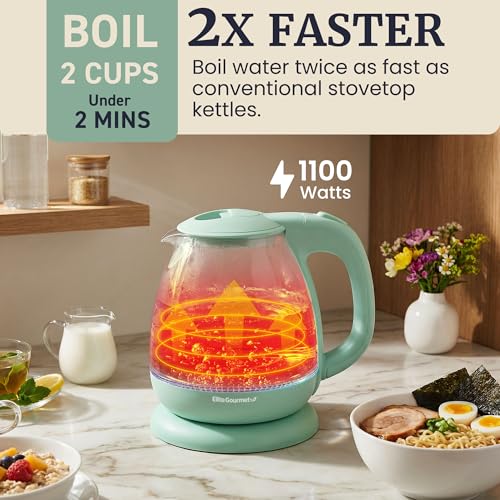 Elite Gourmet 1L Glass Electric Water Kettle, BPA-Free, Fast Boil, Auto Shut-Off, Boil-dry Protection, 360° Swivel Base with Cordless Serving, Clear-view Water Level Markings, Mint - size: 1.1 Quarts