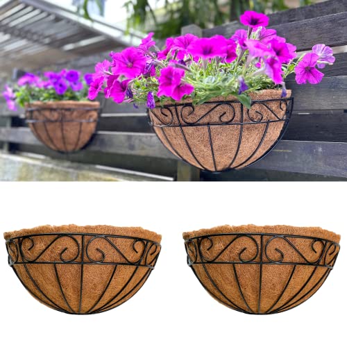 LaLaGreen Wall Hanging Planter, 2 Pack, 12 Inch Wall Mounted Flower Basket with Coco Liner for Outdoor Plants, Black Metal Wire Rail Herb Pot Holder Fence Railing Deck Porch Balcony Garden Patio Decor - size: 12" (30.5cm) x 2 Pack