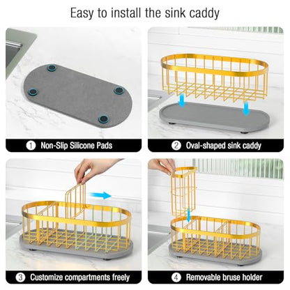 Sponge Holder for Kitchen Sink with High Brush Holder, [Stay-Dry Anywhere & No Drainage Needed] Rustproof Stainless Steel Kitchen Sink Caddy Organizer with Water Absorbing Stone Tray, Gold - color: Gold