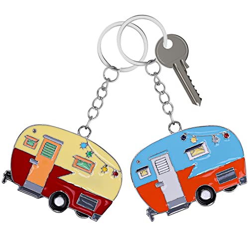 Thinp 2 Pieces Camper Keychain, RV Camper Keyring Accessories for Travel Trailers Enameled Metal Retro Camping Car Keychain - color: Blue+brown