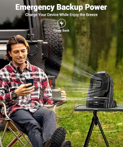 KopBeau Portable Camping Fan with Lights, 20000mAh Rechargeable Battery Operated Fan, Battery Powered Outdoor Beach Tent with 3 Speeds & Hook, Personal USB Table for Camping Accessories Black - size: Medium