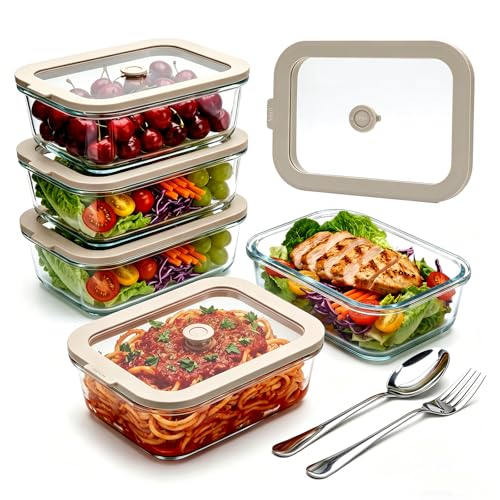 5 Pack 35 oz Glass Meal Prep Containers, Plastic-Free Glass Food Storage Containers with Lids, 4.4 Cups Airtight Glass Lunch Containers for Leftovers, Microwave, Oven, Freezer and Dishwasher - size: 35oz