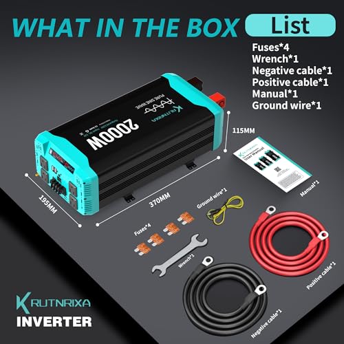2000W Pure Sine Wave Inverter Peak 4000w 12V DC to 120V AC for RV, Truck, Off-Grid, Home, Solar Car Power Inverter with Dual AC Hardwire Port, 50A Socket, 5V 2.1A USB - size: Pure sine 2000W