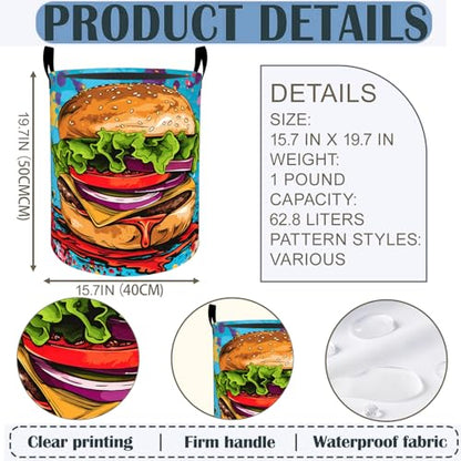 Cheeseburger Laundry Basket Hamper 19.7"x15.8", Food Art Foldable Waterproof Oxford Clothes Storage Bucket for Room Bathroom Bedroom Nursery Decor, Toy Organizer Bins Gifts for Kids Boys Girls - style: Cheeseburger