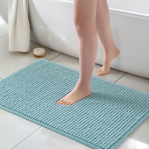 FRESHMINT Thick Chunky Chenille Bathroom Rug, 24"x36", Non Slip Bath Mat, Soft Bathroom Decor, Cute Shower Mat, Water Absorbent, Washable, Aqua Blue - color: Aqua Blue, size: 36" x 24"