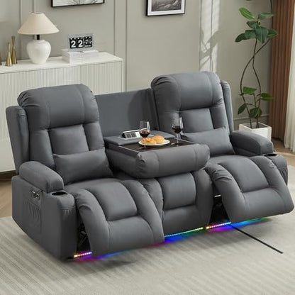 URRED Power Loveseat Recliner Sofa with Massage and Heat, Wall Hugger Reclining Loveseat with Console, RV Couch Home Theater Seating with LED Lights for Living Room (Blue Grey, 76.8" - 3 Seats) - color: Blue Grey, size: 76.8" - 3 Seats