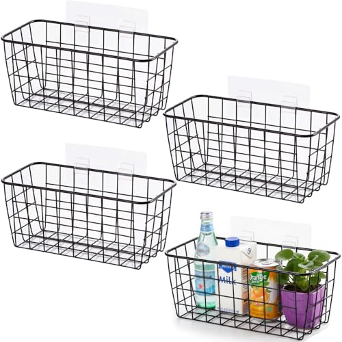 Hanging Kitchen Baskets Adhesive Sturdy Wire Storage Baskets with Kitchen Food Pantry Bathroom Shelf Storage No Drilling Wall Mounted,Black,4 Pack - color: Black, size: 4 PACK