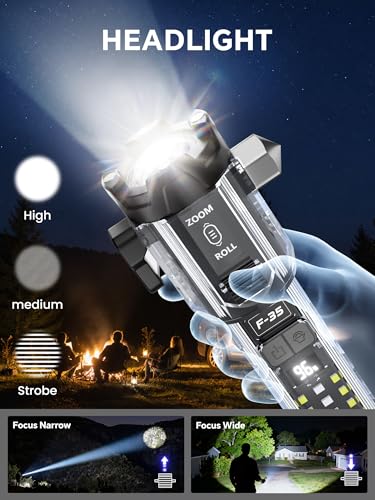 Yemao Car Emergency Flashlight with Seatbelt Cutter & Window Breaker, Tactical EDC Light with Alarm, Focusable Main Beam, Side Work Light, Red Blue Strobe Warning Light for Vehicle Self-Rescue
