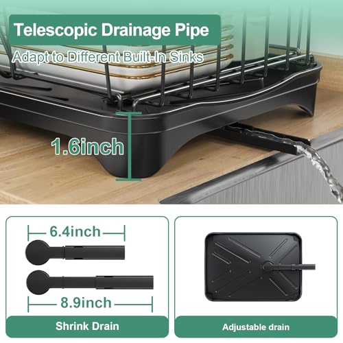 Dish Drying Rack, 2-Tier Large Dish Drying Rack for Kitchen Counter – Space Saving Dish Drainer Organizer with Utensil Holder and Cutlery Tray, Black - color: 2-tier - Black