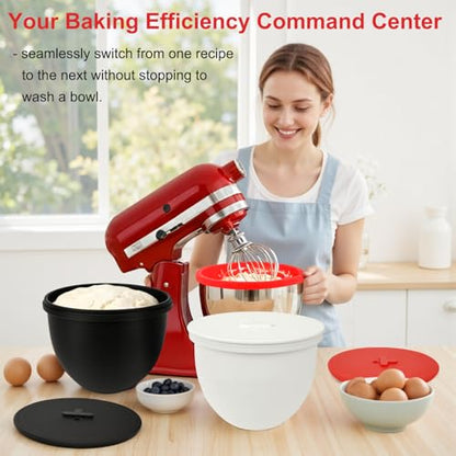 3-Pack Silicone Bowl Liners for KitchenAid Mixer, 5 Qt Tilt-Head Bowl Inserts with Airtight Lids & Scraper Spatula, Reusable Mixing Liners for Efficient Baking & Food Storage