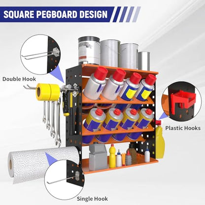 Wall Mount Spray Can Holder, Aerosol Spray Bottle Holder Storage Rack, Heavy-Duty Paint Bottle Organizer with 8 Can Holes & 4 Steel Hooks, 4 Plastic Hooks for Garage, Shop, Home or Tool Trailer - style: A-Spray Can Rack