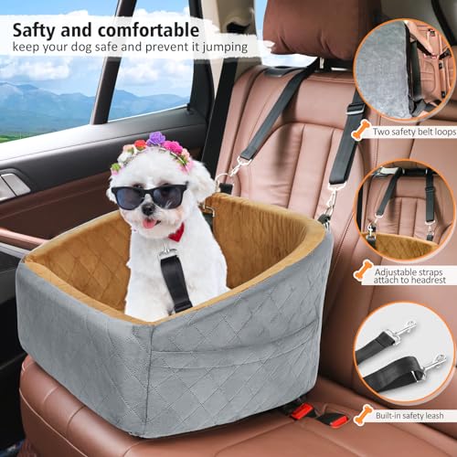 NEEZUKAR Dog Car Seat for Small Medium Dogs,Detachable Washable Dog Booster Seat Under 30lbs, Pet Car Seat Travel Bed with Storage Pockets and Dog Safety Belt(Grey/Brown) - color: Grey/brown
