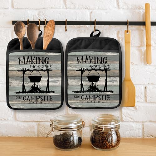 Rustic Camping Pot Holders with Pockets, Gifts for Camping Lovers, Making Memories One Campsite at a Time Oven Pot Holders Heat Resistant Oven Mitts Hot Pads for Kitchen Baking Cooking - color: Campfire-b