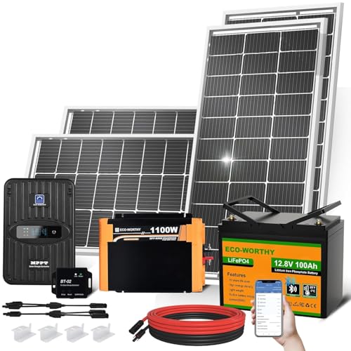 ECO-WORTHY 1.6KWH Complete Solar Panel Kit 400W 12V for RV Off Grid: 400W Solar Panels + 40A MPPT Charge Controller +12V 100Ah Lithium Battery + Solar Power Inverter + Bluetooth Module - style: Basic 400W 12V MPPT Complete Kit