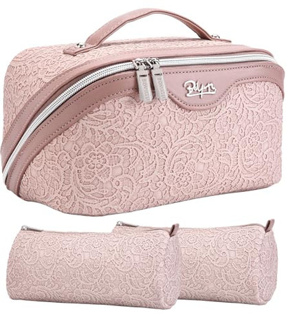 BOYATU Travel Makeup Bags Cosmetic Organizer Bag: 3-Set Large Capacity Make up Bag - PU Leather Toiletry Bags for Women - Wide Open Portable Pouch with Divider & Handle (A-Light Pink) - color: A-Light Pink