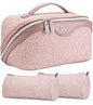 BOYATU Travel Makeup Bags Cosmetic Organizer Bag: 3-Set Large Capacity Make up Bag - PU Leather Toiletry Bags for Women - Wide Open Portable Pouch with Divider & Handle (A-Light Pink) - color: A-Light Pink