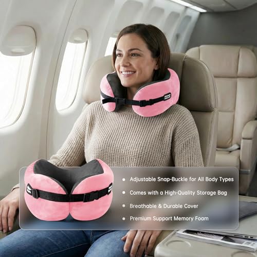 Neck Pillow Travel Pillow - 100% Pure Memory Foam Airplane Pillow with Adjustable Clasp & Removable Cover, Portable Travel Essentials for Long Flights, Car & Office (Pink) - color: Pink