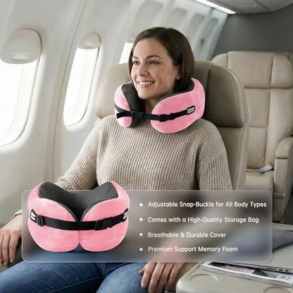 Neck Pillow Travel Pillow - 100% Pure Memory Foam Airplane Pillow with Adjustable Clasp & Removable Cover, Portable Travel Essentials for Long Flights, Car & Office (Pink) - color: Pink