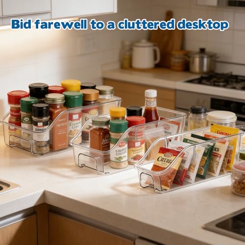 6 Packs Clear Freezer Organizers and Storage Bins with Handle, Stackable Storage Bins Open Front Pantry Bins for Storage and Organization for Bathroom Kitchen Refrigerator Pantry