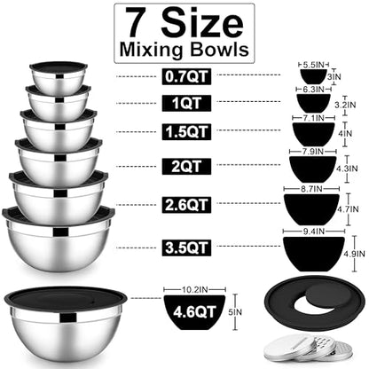 E-far Mixing Bowls with Lids Set, 7-Piece Stainless Steel Metal Mixing Bowls with 3 Grater Attachments, Size 4.6, 3.5, 2.6, 2, 1.5, 1, 0.7QT, Nesting Design & Black Airtight Lids, For Baking/Cooking - color: Black, size: 7 Regular Sizes