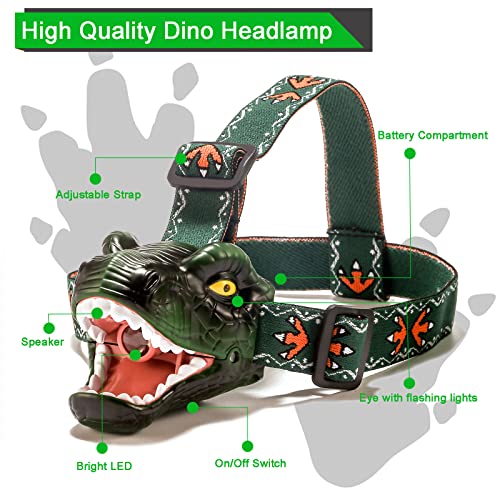 Dinosaur Kids Headlamp, T-Rex Dinosaur Led Headlamp Flashlight, Dinosaur Toy Headlamp Flashlight with 4 Lighting Mode for Boys, Girls’ Camping, Hiking, Reading and Party (Green) - color: Green