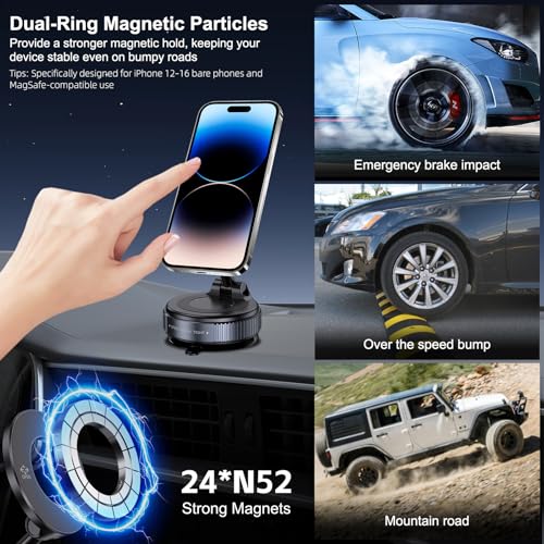 Jikasho Vacuum Magnetic Car Phone Holder for Magsafe, Hands-Free 360° Adjustable Suction Cup Phone Mount for Car/Gym/Mirror/Smooth Surface, Compatible with iPhone & Android (Stellar Gray) - color: Stellar Gray