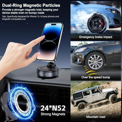 Jikasho Vacuum Magnetic Car Phone Holder for Magsafe, Hands-Free 360° Adjustable Suction Cup Phone Mount for Car/Gym/Mirror/Smooth Surface, Compatible with iPhone & Android (Space Grey) - color: Space Grey