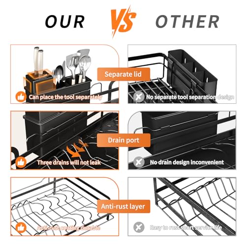 PureBox Extendable Dish Rack for Kitchen Sink - Heavy-Duty Adjustable Over Sink Drying Rack with Utensil Holder & Drain Tray, Space Saving Steel Frame Dish Rack (Black)