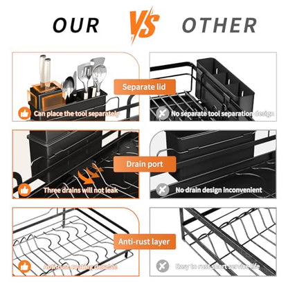 PureBox Extendable Dish Rack for Kitchen Sink - Heavy-Duty Adjustable Over Sink Drying Rack with Utensil Holder & Drain Tray, Space Saving Steel Frame Dish Rack (Black)