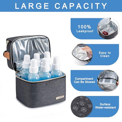 Breastmilk Cooler Bag with Ice Pack Fits 6 Baby Bottles up to 9 Ounce, Breastmilk Pump Cooler Bag with Shoulder Strap for Nursing Mom Daycare, Work, Travel- Grey - color: Dark Grey