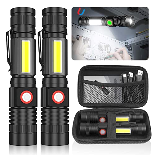 Hoxida USB Rechargeable Flashlight, Magnetic LED Flashlight, Super Bright LED Tactical Flashlight with Cob Worklight,Waterproof,Zoomable Best Small LED Flashlight for Camping, Emergency Flashlight - color: 2pack flashlight with box