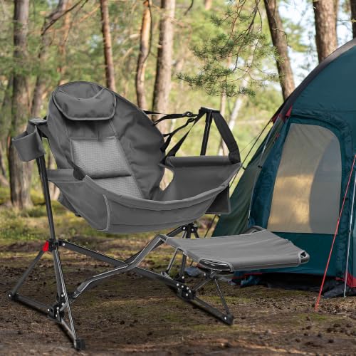 Ainfox Hammock Camping Chair with Footrest, Foldable Portable Rocking Chairs for Adults Outside Swinging Camp with Cup Holder Pillow for Outdoor Patio Poolside (Light Grey) - color: Grey, size: With Footrest