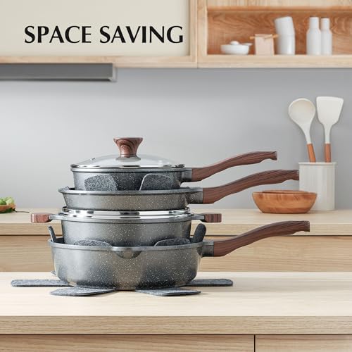 SENSARTE Nonstick Cookware Set 13-Piece, Non Stick Pots and Pans Set with Swiss Granite Coating, Healthy Kitchen Cooking Set, Stay-Cool Handles, Induction Compatible, PFOA/PFOS Free - color: Gray