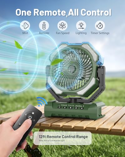 Misting Fan, Portable Camping Fans with 9oz Water Tank, 24000mAh Rechargeable Fan with 4 Speed, Battery Powered Fans with 120H Cooling, Last 5H Mist, 2 Mist Modes, Light, Outsides/Summer Essential - color: Army Green