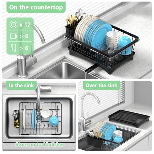 LEMIKKLE Roll Up Dish Drying Rack, Over The Sink Dish Drainer Rack, Foldable Sink Drying Rack, Anti-Slip Silicone Wrapped Dish Drainer for Kitchen Counter - color: Silicone Black