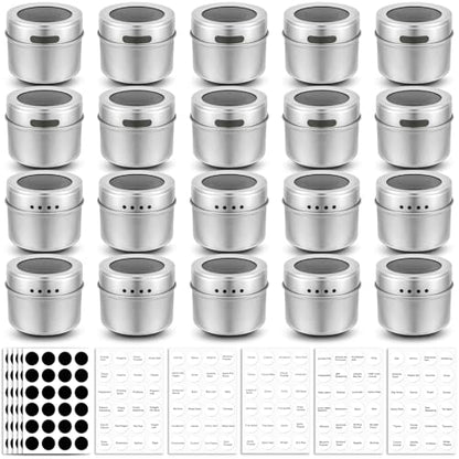 Bekith 20 Pack Magnetic Spice Jars, Magnetic Spice Containers for Refrigerator, Seasoning Tins with Clear Top Lid, 240 PVC Spice Label Set