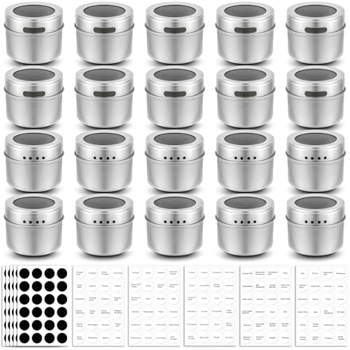 Bekith 20 Pack Magnetic Spice Jars, Magnetic Spice Containers for Refrigerator, Seasoning Tins with Clear Top Lid, 240 PVC Spice Label Set