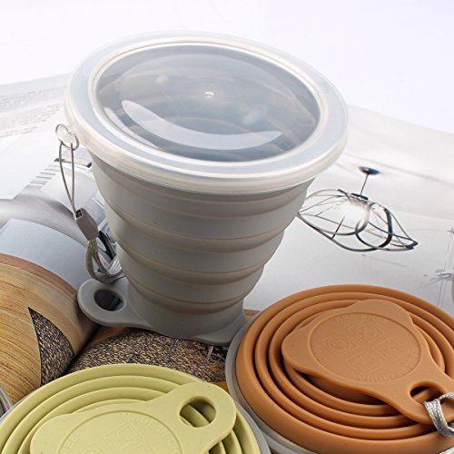 ME.FAN Silicone Collapsible Travel Cup - Silicone Folding Camping Cup with Lids - Expandable Drinking Cup Set - Portable, Graduated [9.22oz] - color: 4 Pack-Powderblue-Light Gray-Yellow Green-Light Brown