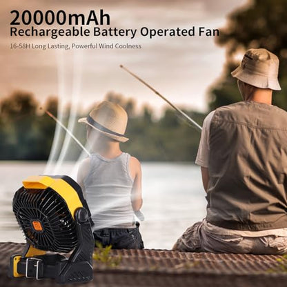 WESTTREE 20000mAh Camping Fan with LED Lantern USB Tpye C Rechargeable Battery Operated Outdoor Tent Fan with Light & Hook, 270° Pivot 4 Speeds, Personal USB Desk Fan for Camping Yellow X26A - color: X26A Yellow